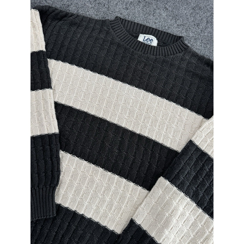 Vintage Lee Sport Sweater USA Striped Knit Black Cream Textured Mens L